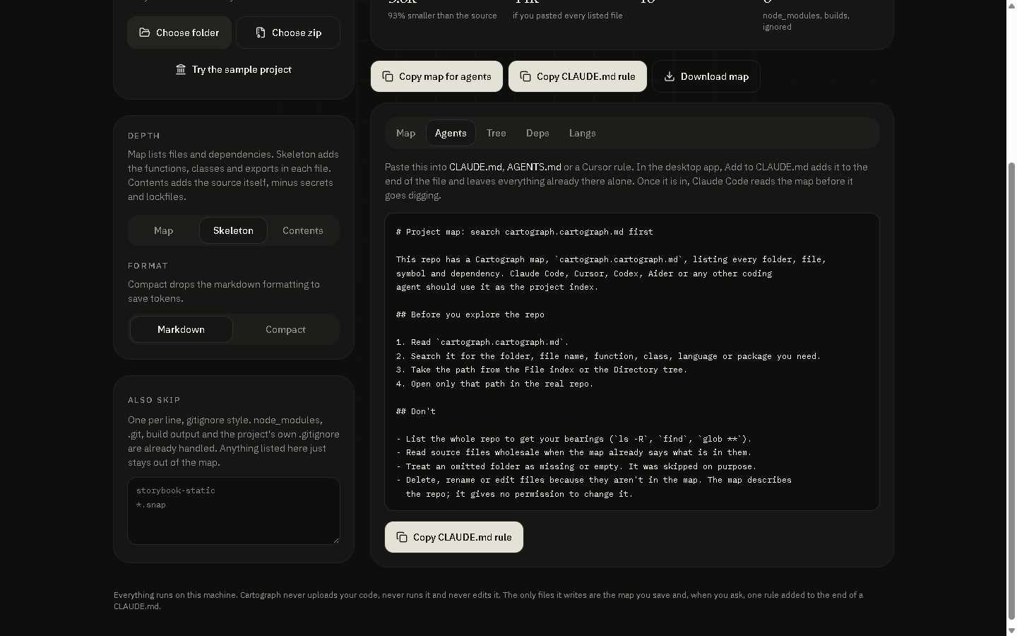 The Agents tab with the rule Cartograph adds to CLAUDE.md