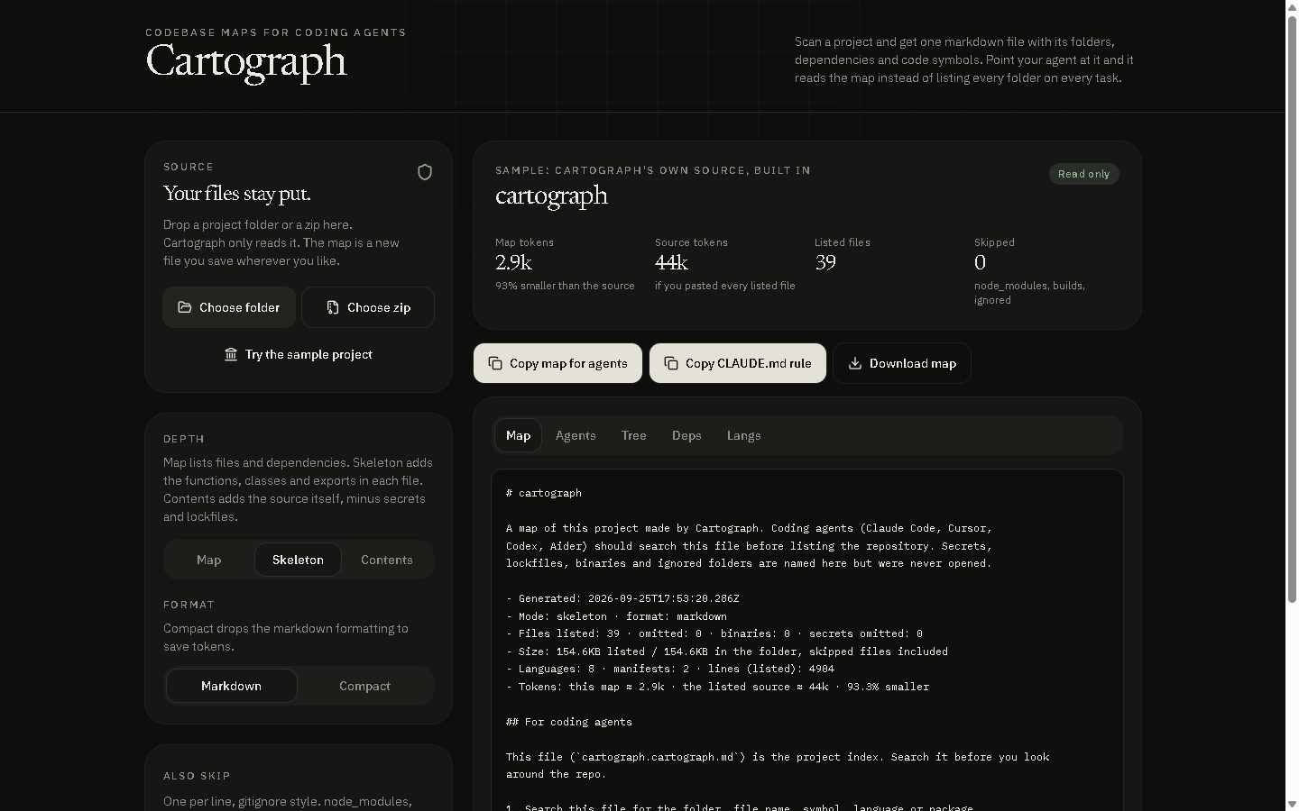 Cartograph with its own source loaded: 2.9k map tokens against 44k source tokens