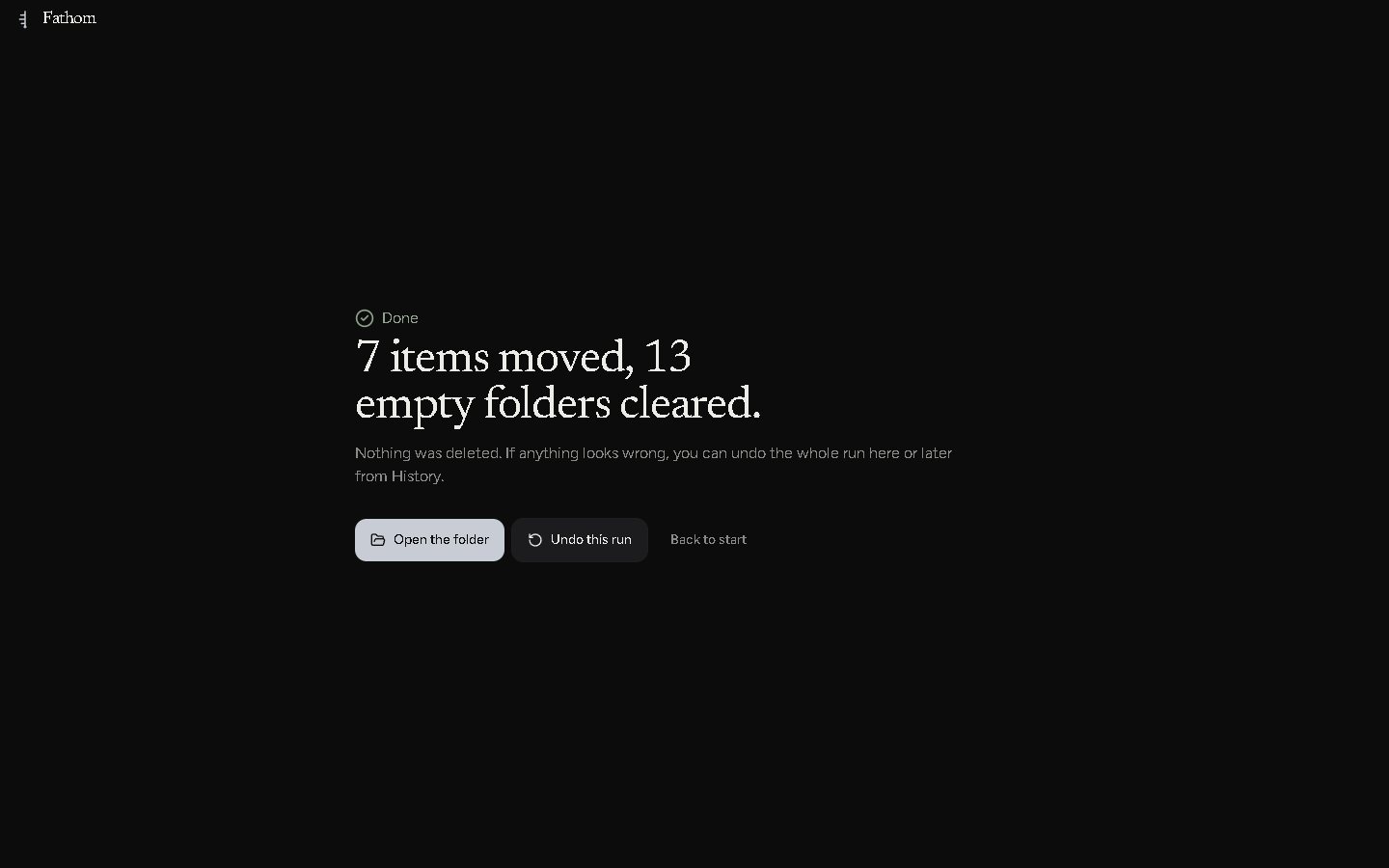 Result screen: items moved, empty folders cleared, undo button