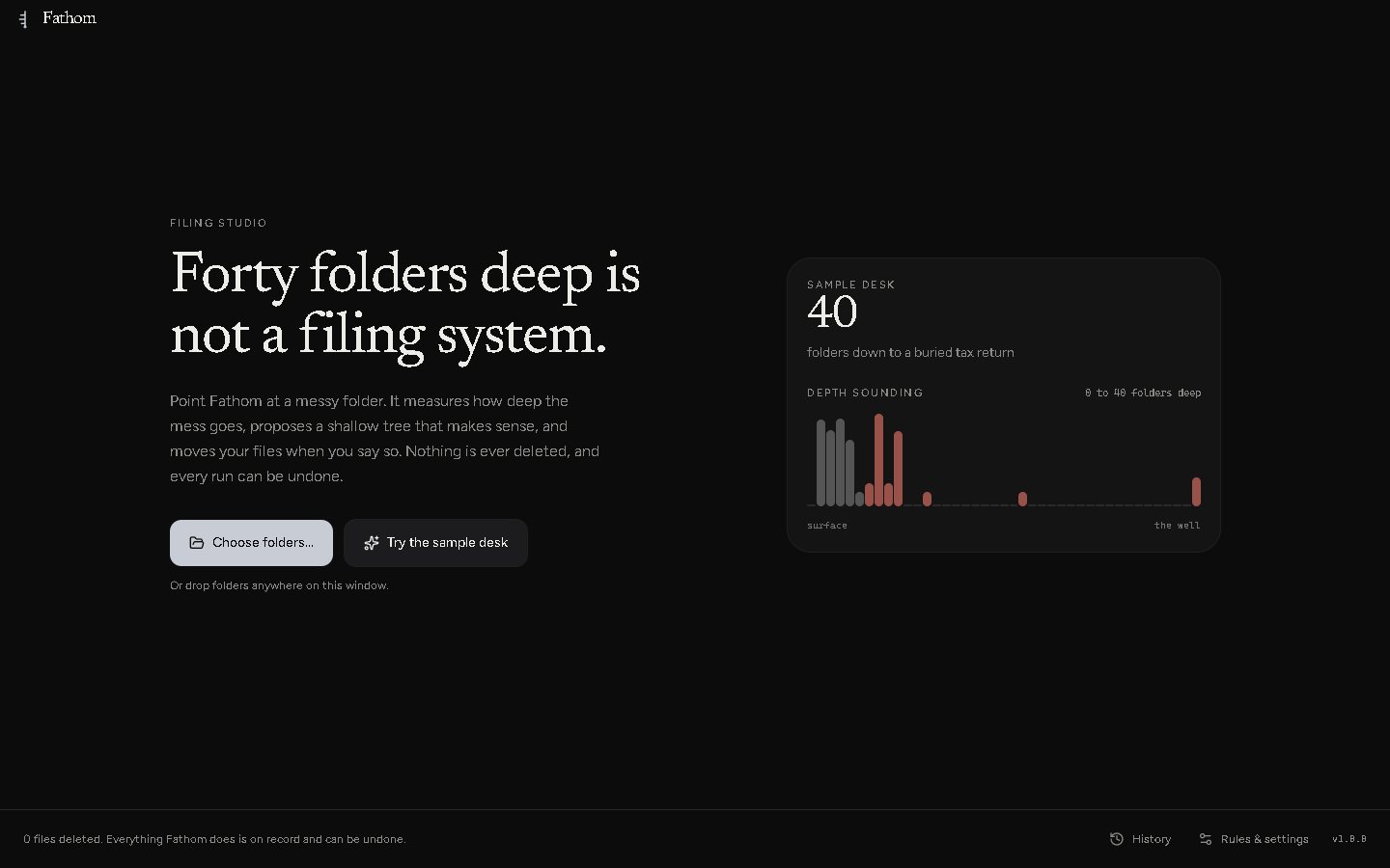 Fathom start screen with the sample desk's depth chart